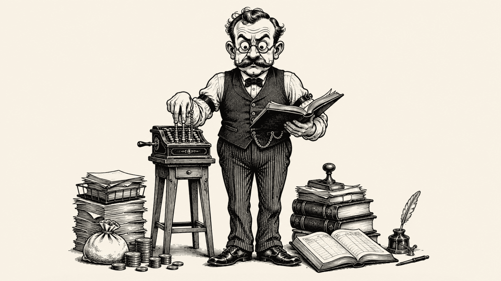Ilustración: un contador con bigote revisa un libro contable junto a una máquina de sumar, rodeado de facturas, monedas y libros de registro.